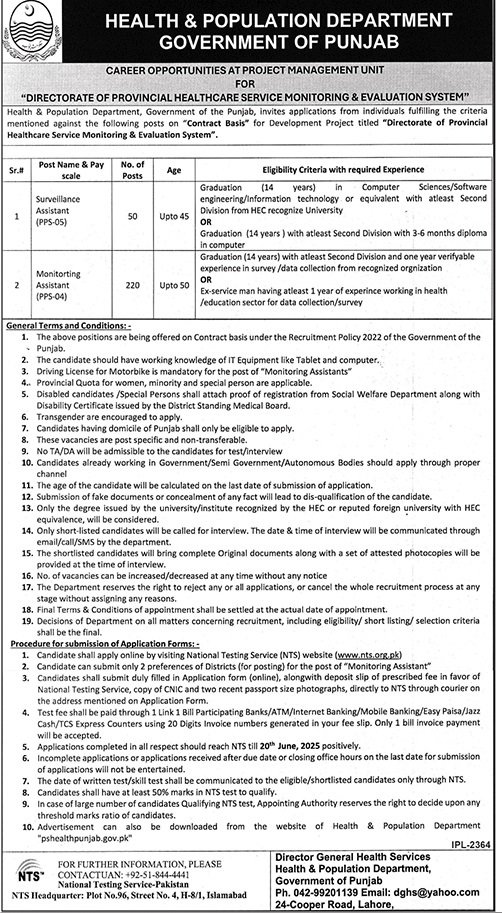 Health and Population Department Jobs 2025 – Population Welfare Department Punjab Jobs 2025 — original advertisement