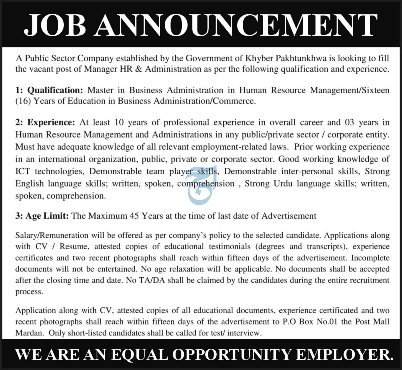 Public Sector Company Peshawar Jobs 2025 – Public Sector Organization Jobs 2025 — original advertisement