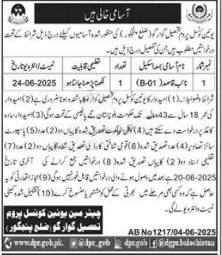 Union Council Gowargo Panjgur Jobs 2025 Jobs 2025 — original advertisement