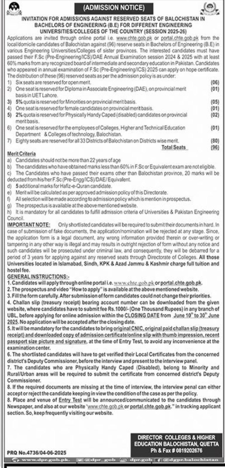 Admissions open in College s Higher education Department – Colleges Higher and Technical Education Department Balochsitan Admissions 2025 — original advertisement