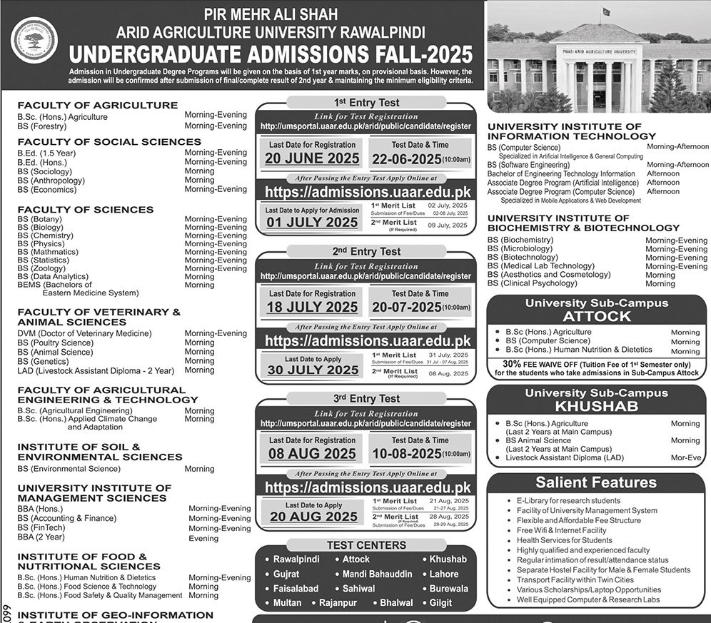Admission Open in Pir Mehr Ali Shah Arid Agriculture Univers – Pir Mehr Ali Shah Arid Agriculture University Rawalpinid Admissions 2025 — original advertisement