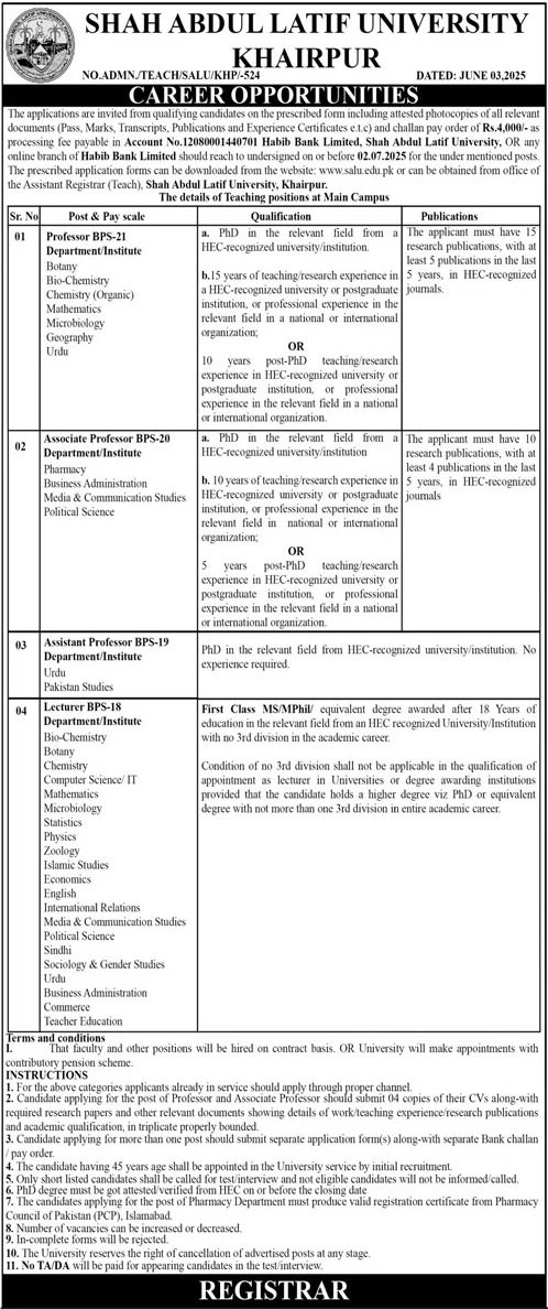Shah Abdul Latif University Khairpur Jobs 2025 Jobs 2025 — original advertisement