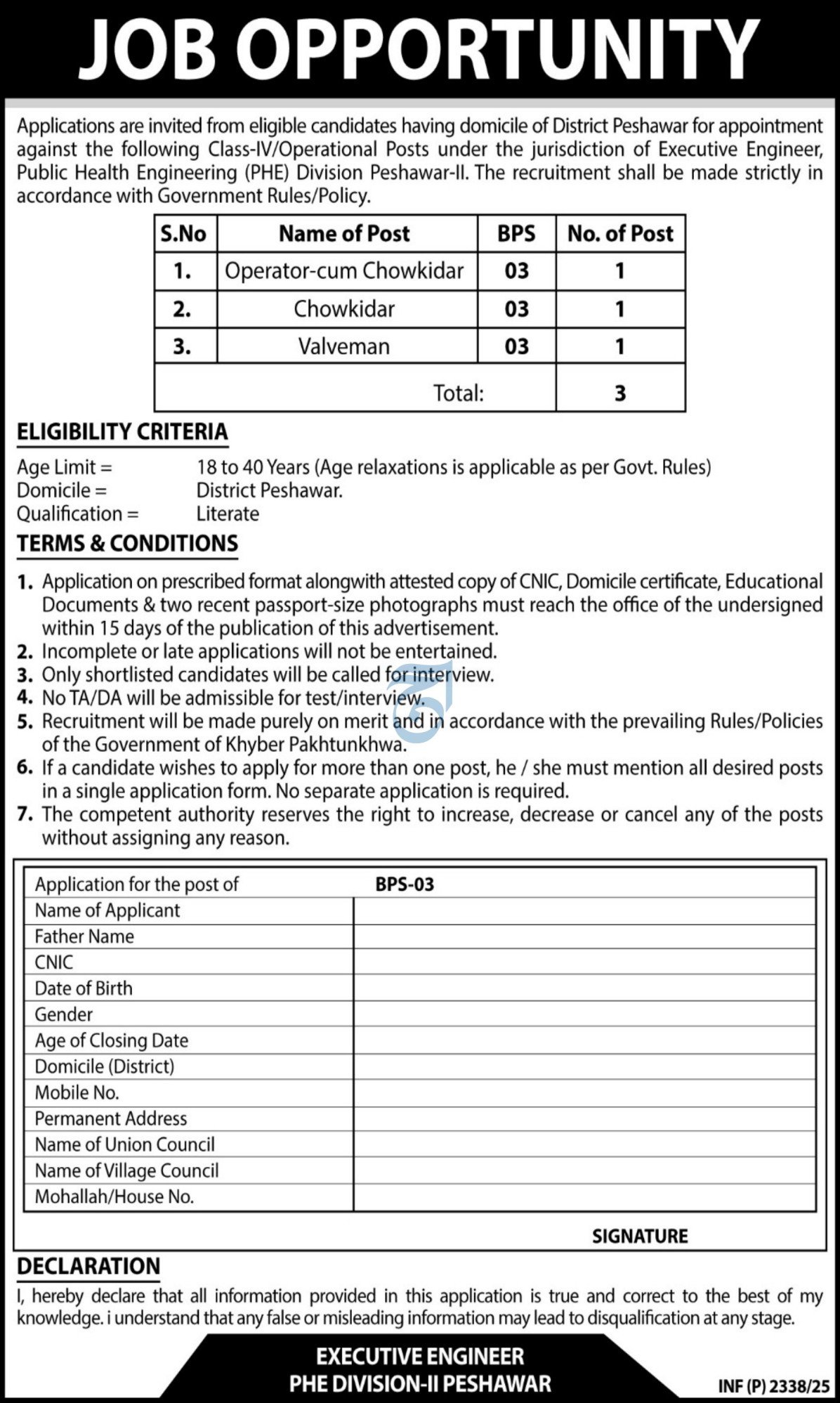 Public Health Engineering Phe Division Peshawar Jobs 2025 – Public Health Engineering Department KPK Jobs 2025 — original advertisement