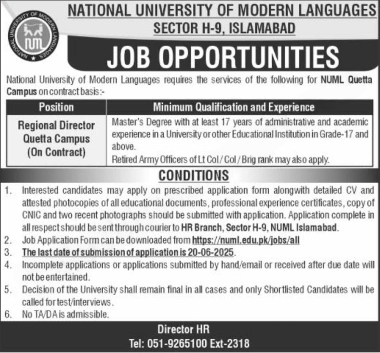 National University Of Modern Languages NUML Quetta Jobs – National University of Modern Languages Islamabad Jobs 2025 — original advertisement