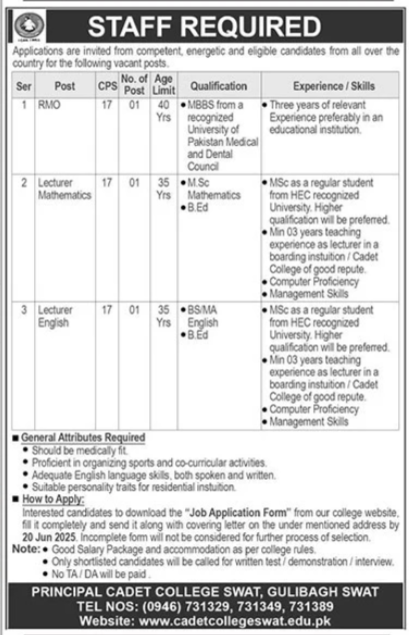Cadet College Swat Jobs 2025 For Lecturers Jobs 2025 — original advertisement