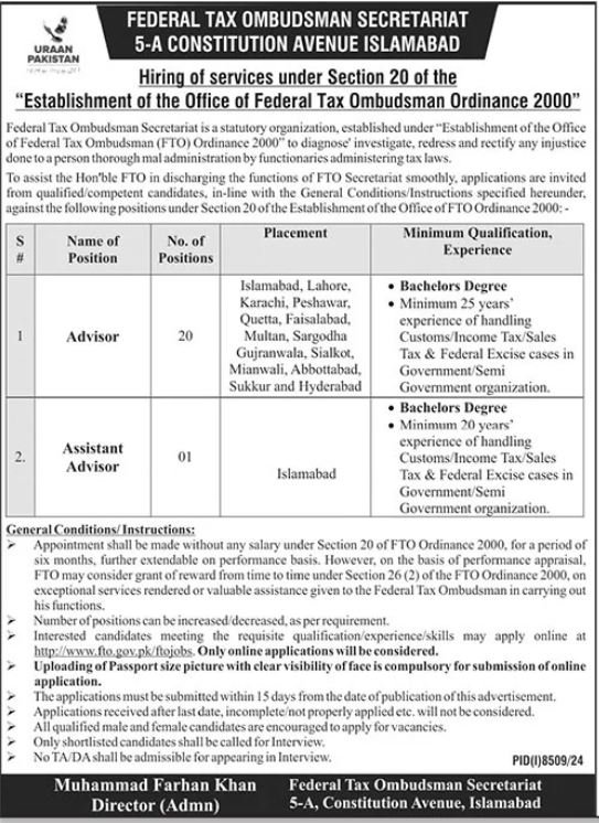 Federal Tax Ombudsman of Pakistan Islamabad Jobs 2025 – Federal Tax Ombudsman Secretariat Pakistan Islamabad Jobs 2025 — original advertisement