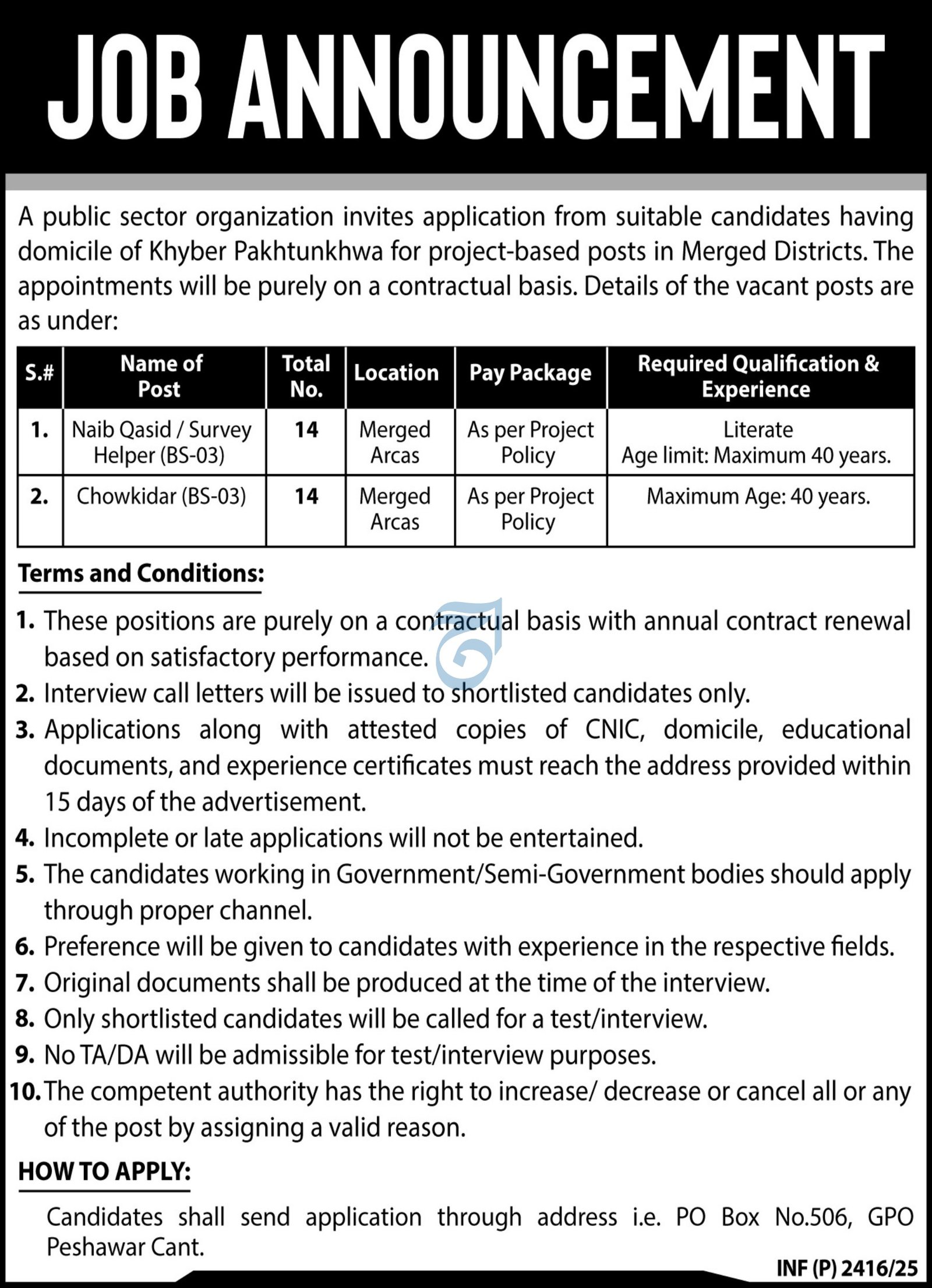 Public Sector Organization Peshawar Jobs 2025 Jobs 2025 — original advertisement