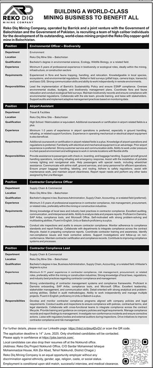 Reko Diq Mining Company RDMC Jobs 2025 – Barrick Pakistan Jobs 2025 — original advertisement