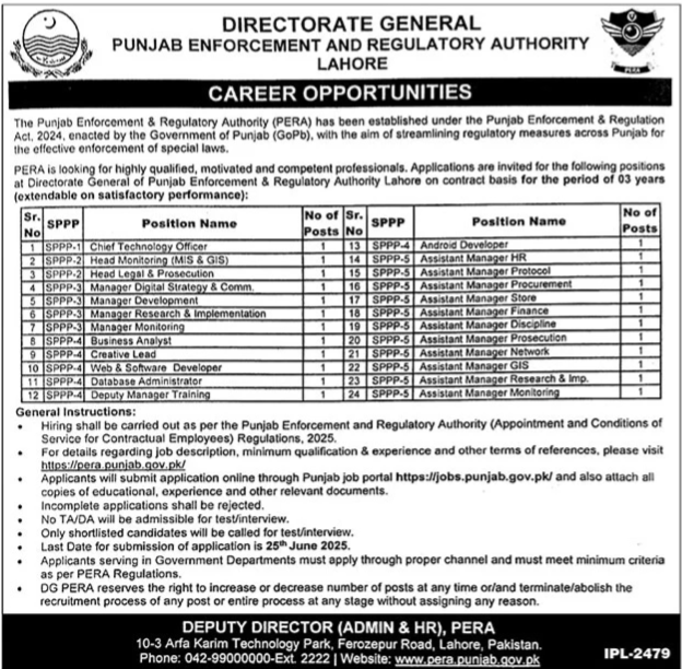 PERA Punjab Enforcement & Regulatory Authority Jobs 2025 – Punjab Energy Efficiency & Conservation Agency - PEECA Jobs 2025 — original advertisement