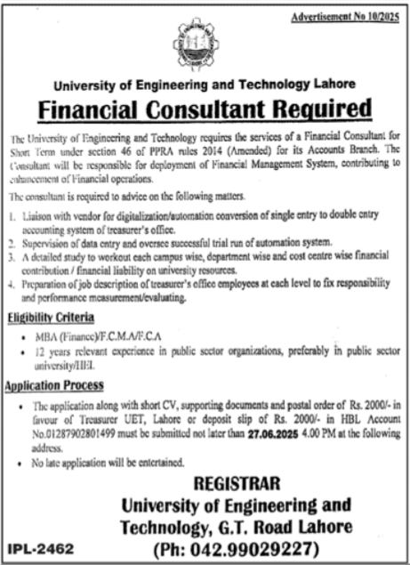 UET University Lahore Jobs 2025 For Financial Consultant – University of Engineering  & Technology Lahore Jobs 2025 — original advertisement