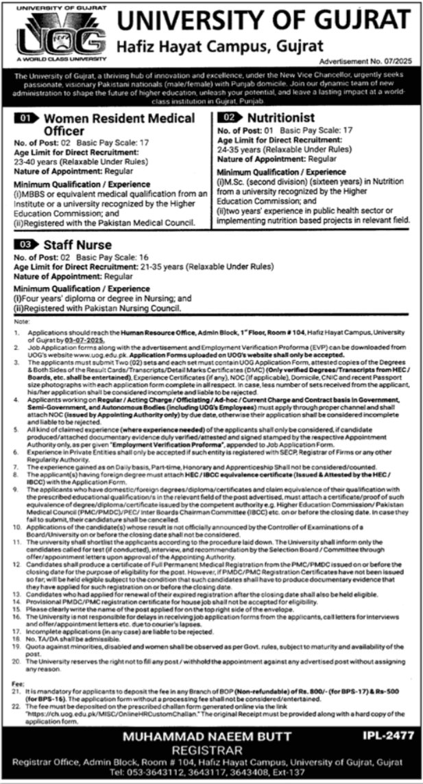 University Of Gujrat UOG Hafiz Hayat Campus Jobs 2025 Jobs 2025 — original advertisement