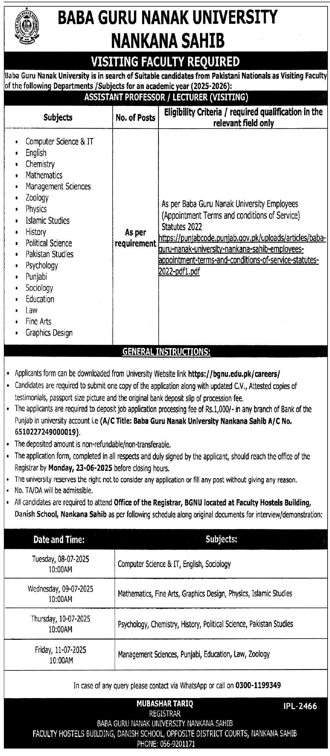 Baba Guru Nanak University BGNU Jobs 2025 For Lecturers – Baba Guru Nanak University Nankana Sahib Jobs 2025 — original advertisement