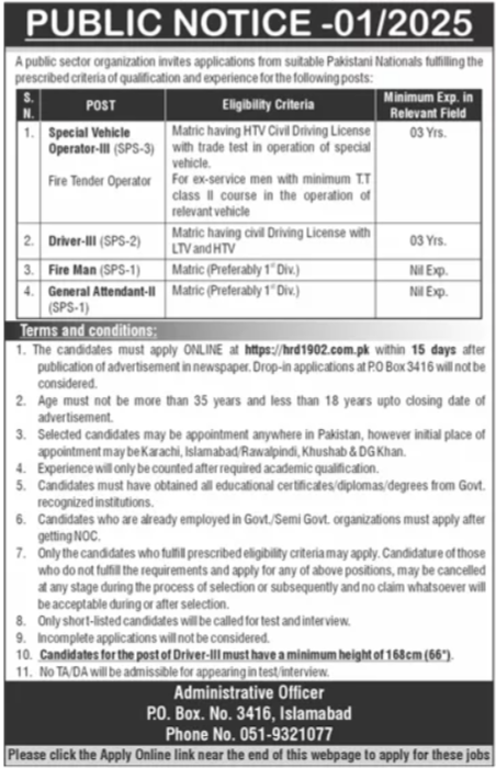 Public Sector Organization Islamabad Jobs 2025 Jobs 2025 — original advertisement