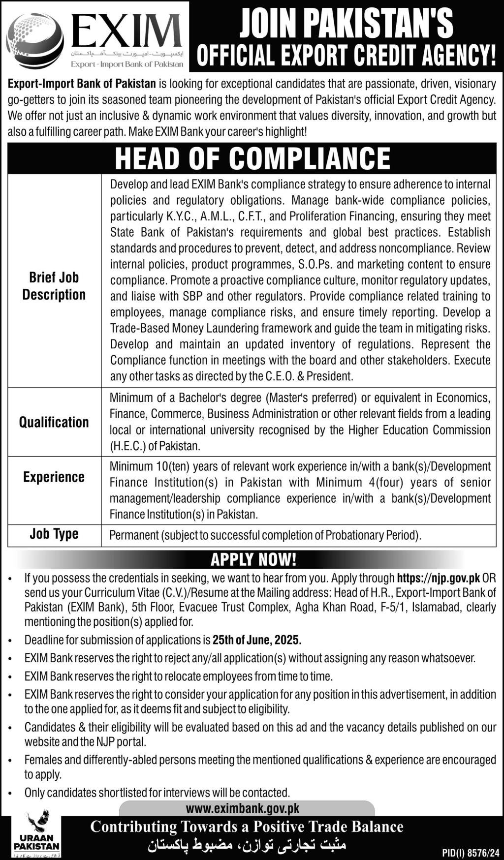 Exim Export Import Bank Of Pakistan Jobs 2025 – EXIM Bank of Pakistan Jobs 2025 — original advertisement
