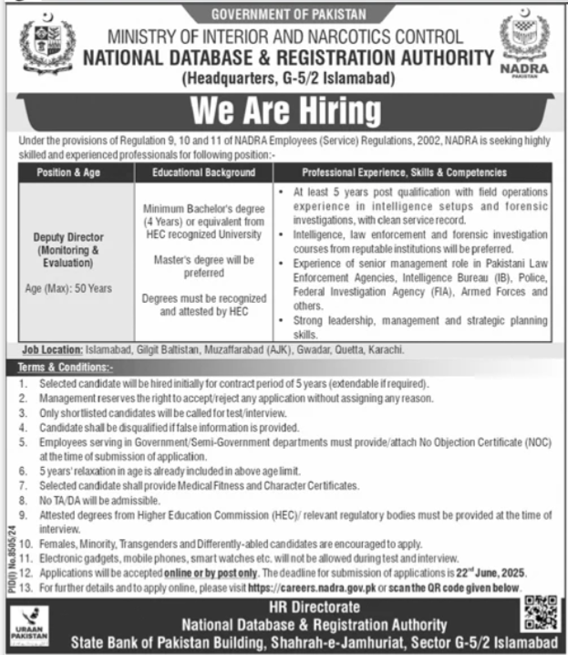 National Database & Registration Authority Islamabad Job – National Database and Registration Authority Jobs 2025 — original advertisement