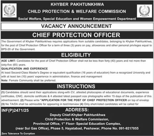 Child Protection & Welfare Commission Peshawar Jobs 2025 – Child Protection & Welfare Bureau Jobs 2025 — original advertisement