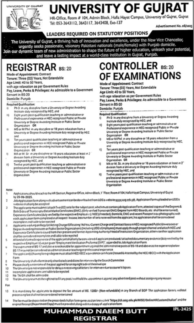 University Of Gujrat UOG Jobs 2025 Jobs 2025 — original advertisement