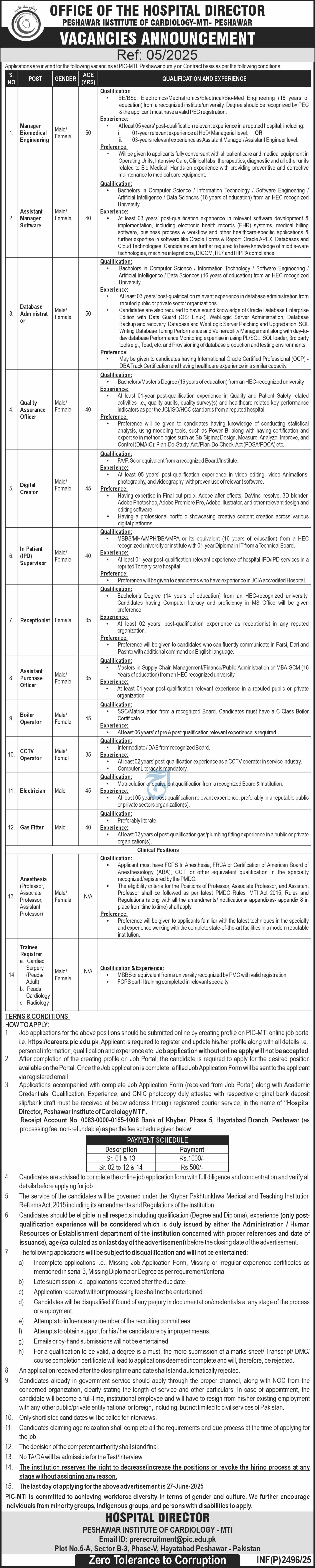 Peshawar Institute of Cardiology Mti Peshawar Jobs 2025 Jobs 2025 — original advertisement