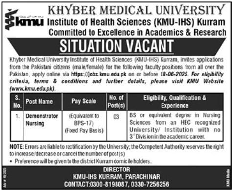 Khyber Medical University KMU Kurram Job 2025 – Khyber Medical University Peshawar Jobs 2025 — original advertisement