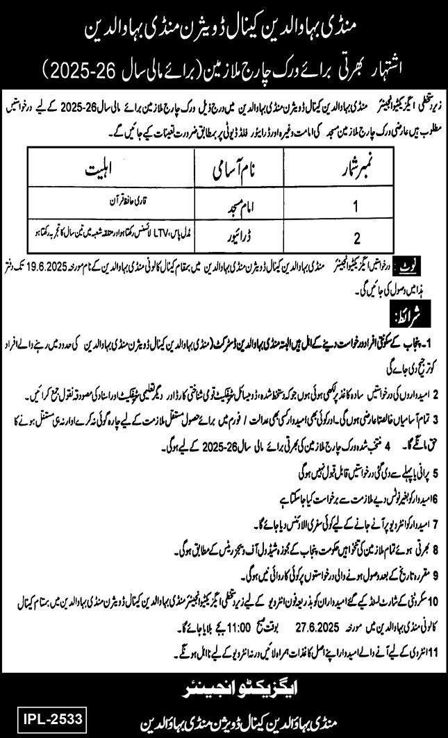 Mandi Bahauddin Canal Division Irrigation Department Jobs – Irrigation Department Punjab Jobs 2025 — original advertisement