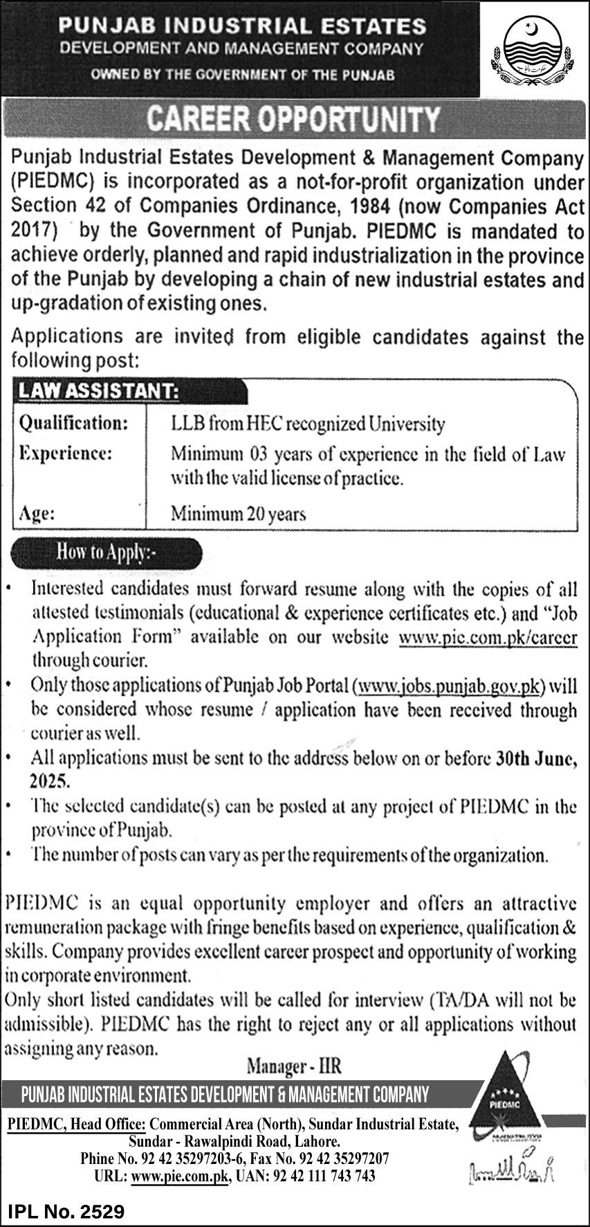 Punjab Industrial Estates Development PIEDMC Lahore Jobs – Punjab Industrial Estates Development & Management Company Jobs 2025 — original advertisement