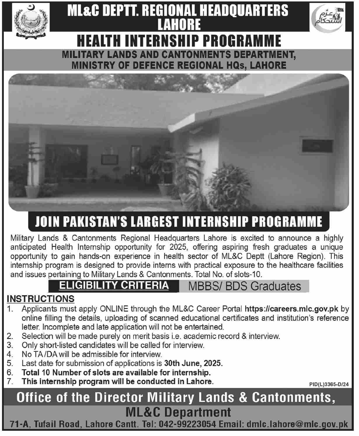 ML&C Department Regional Headquarters Lahore Internship 2025 – Cantonment Board Jobs 2025 — original advertisement