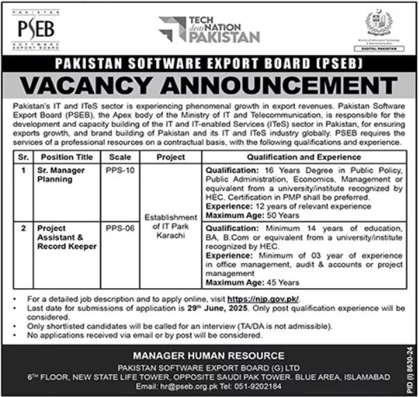 Pakistan Software Export Board PSEB Islamabad Jobs 2025 Jobs 2025 — original advertisement