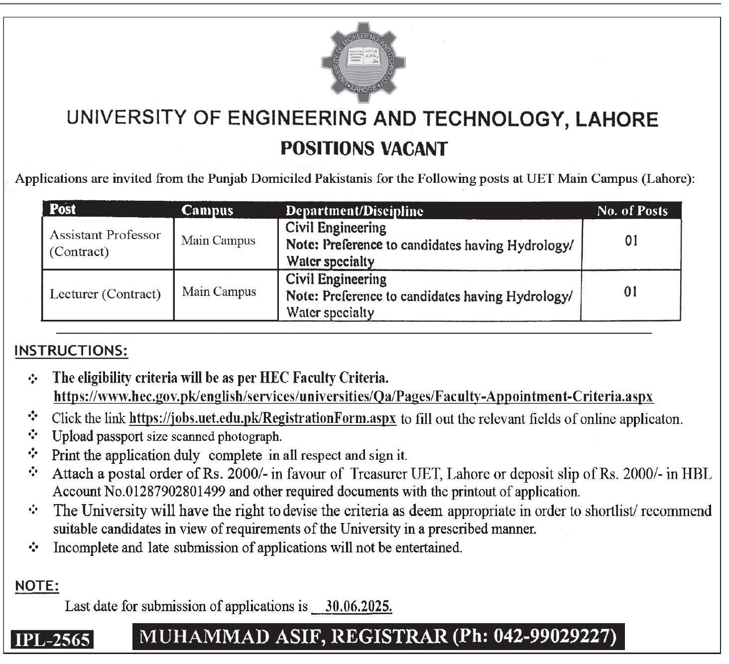 University Of Engineering & Technology UET Lahore Jobs 2025 – University of Engineering  & Technology Lahore Jobs 2025 — original advertisement