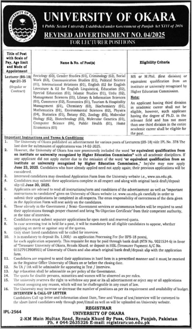 University Of Okara Job 2025 Jobs 2025 — original advertisement