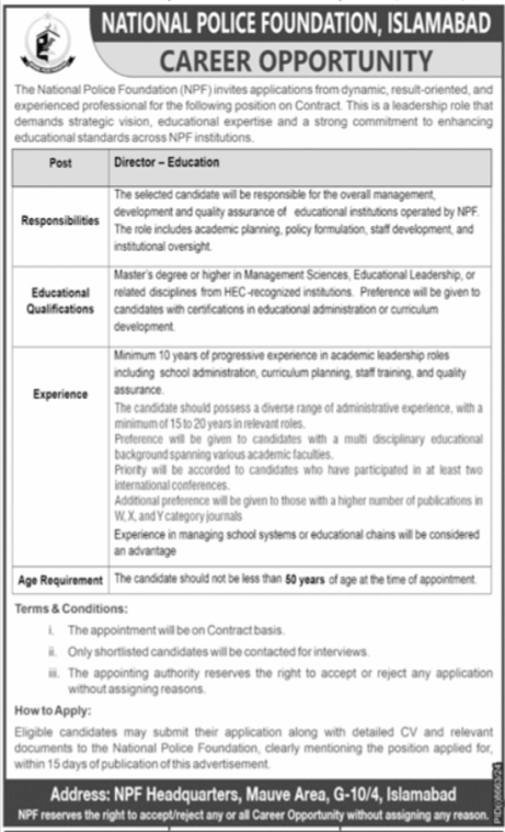 National Police Foundation NPF Islamabad Jobs 2025 – National Police Foundation Islamabad Jobs 2025 — original advertisement