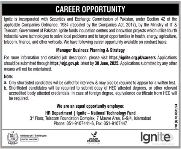 Ignite National Technology Fund Islamabad Jobs 2025 – Ministry of Information & Broadcasting Pakistan Jobs 2025 — original advertisement