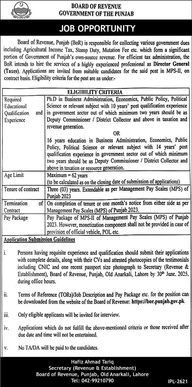 Revenue & Establishment Board Of Revenue Jobs 2025 – Revenue Department Punjab Jobs 2025 — original advertisement