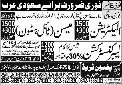 Tile Mason & Stone Mason Jobs 2025 In Saudi Arabia – Pakhtoon Trade Test & Technical Center Jobs 2025 — original advertisement