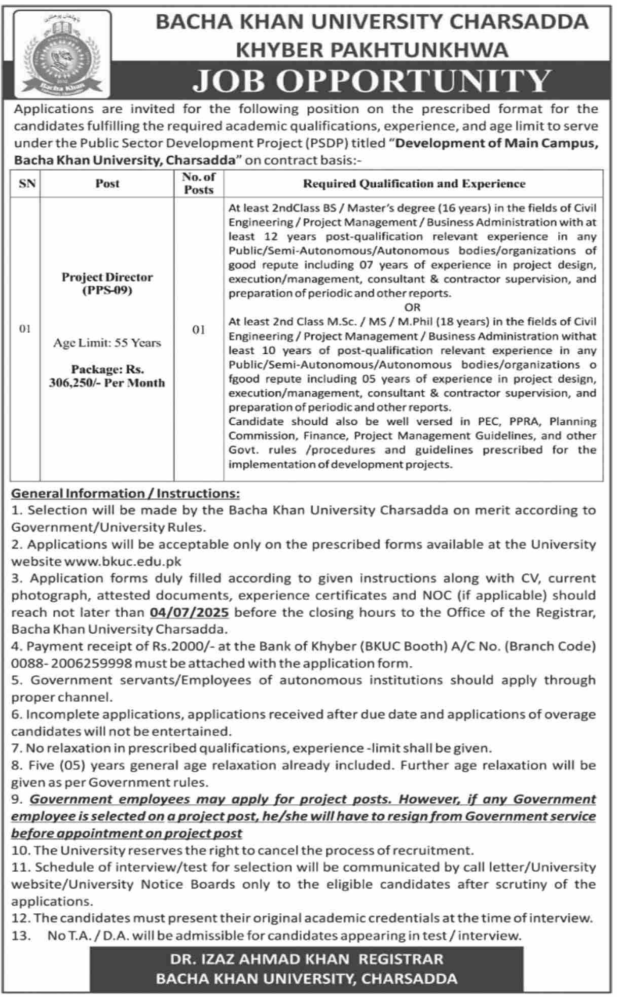 Bacha Khan University BKUC Jobs 2025 For Project Director – Bacha Khan University Charsada Jobs 2025 — original advertisement
