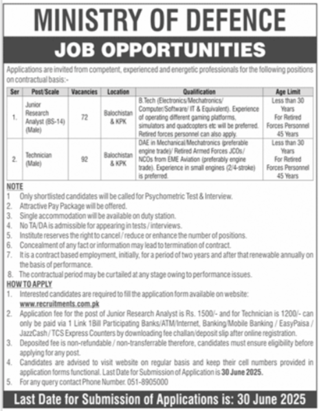 Ministry Of Defence Jobs 2025 – Ministry of Defence Pakistan Jobs 2025 — original advertisement