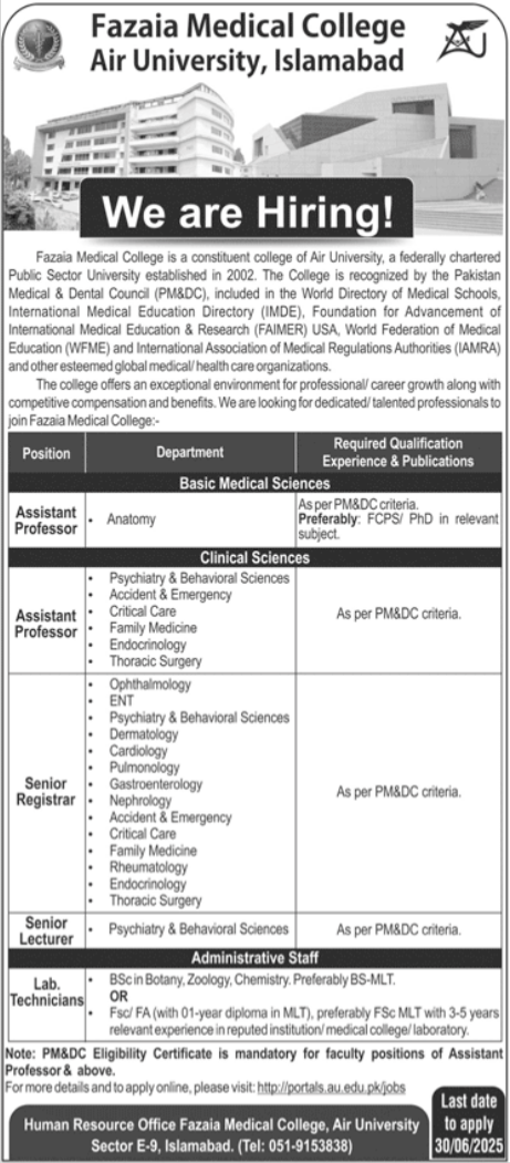 Fazaia Medical College Islamabad Jobs 2025 – Fazaia Schools & Colleges Jobs 2025 — original advertisement
