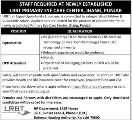 Layton Rahmatullah Benevolent Trust LRBT Jhang Jobs 2025 – LRBT Tertiary Eye Teaching  Hospital Jobs 2025 — original advertisement