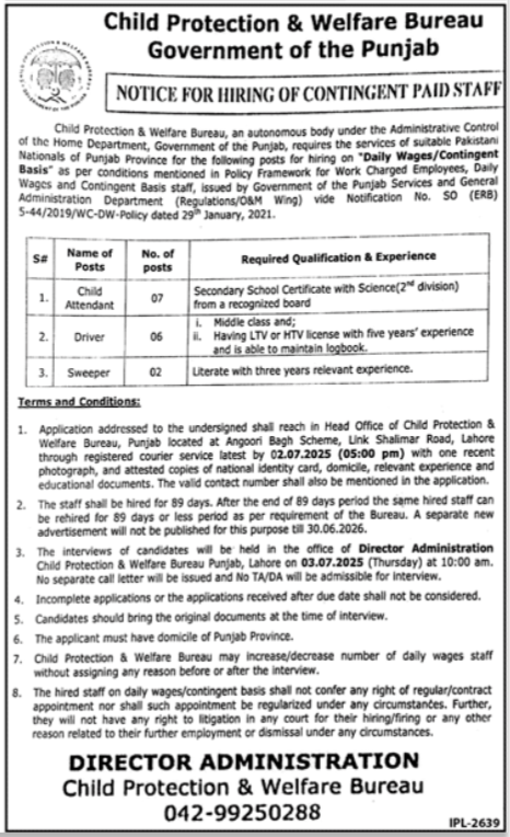Child Protection & Welfare Bureau Lahore Jobs 2025 Jobs 2025 — original advertisement