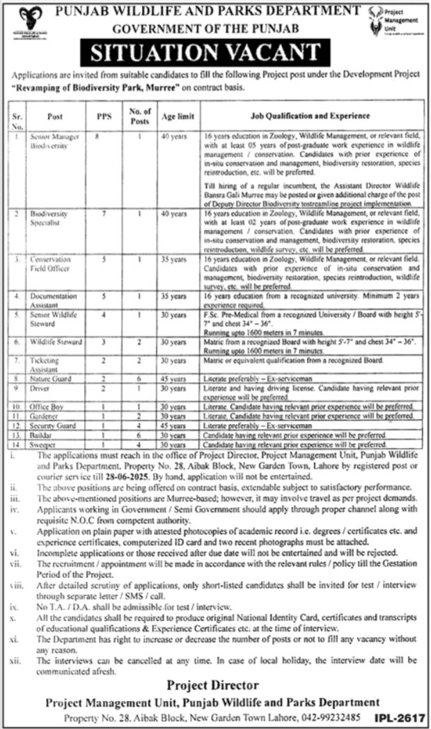 Punjab Wildlife & Parks Department Jobs 2025 – Forest Wildlife & Fishries Department Punjab Jobs 2025 — original advertisement