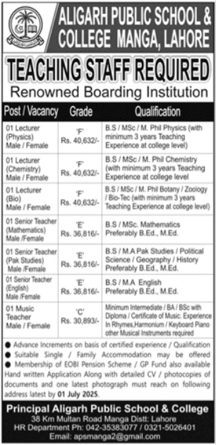 Aligarh Public School & College  Lahore Jobs 2025 – Alighar Public School & College Jobs 2025 — original advertisement