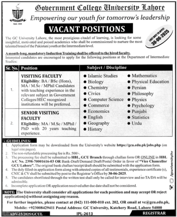 Government College University Lahore Jobs 2025 Jobs 2025 — original advertisement