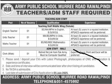 Army Public School Rawalpindi Jobs 2025 – Army Public School & College Paksitan Jobs 2025 — original advertisement