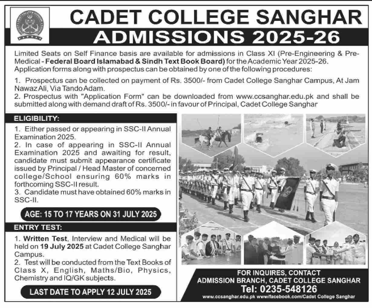 Admission Open in Cadet College Sanghar Sindh 2025 Admissions 2025 — original advertisement