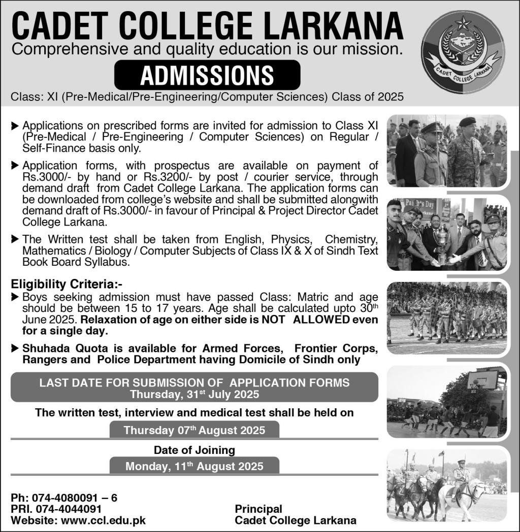 Admission Open in Cadet College Larkana Sindh 2025 Admissions 2025 — original advertisement