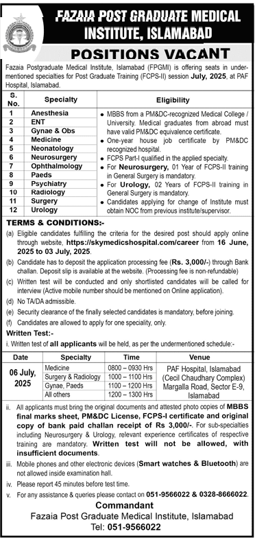 Fazaia Post Graduate Medical Instiute Islamabad Jobs 2025 – Fazaia Schools & Colleges Jobs 2025 — original advertisement