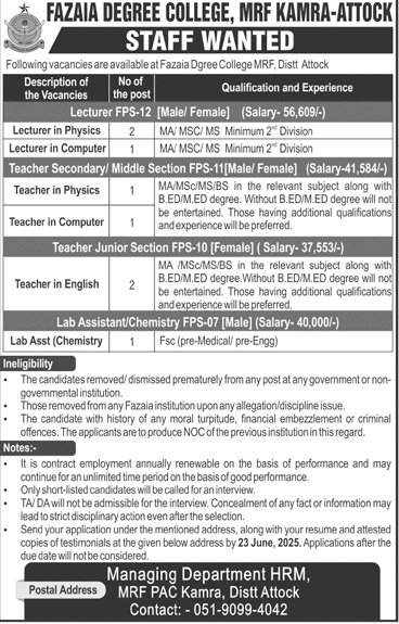 Fazaia Degree College Mrf Kamra Attock Jobs 2025 – Fazaia Schools & Colleges Jobs 2025 — original advertisement