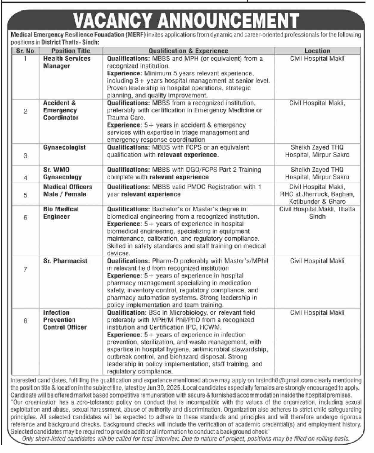 Medical Emergency Resilience Foundation Merf Jobs 2025 – Medical Emergency Resilience Foundation (MERF) Pakistan Jobs 2025 — original advertisement