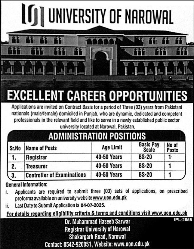 University Of Narowal Punjab Jobs 2025 Jobs 2025 — original advertisement