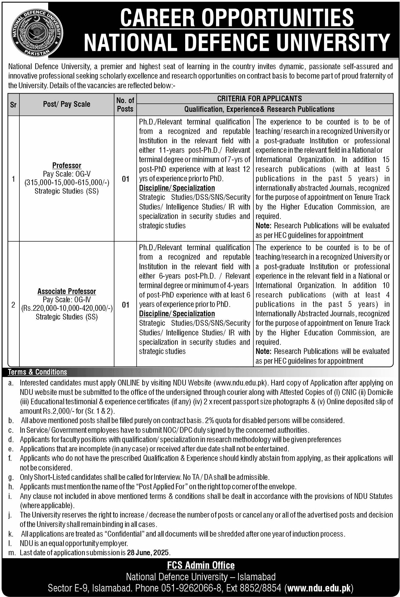 National Defence University NDU Islamabad Jobs 2025 – National Defence University, Pakistan Jobs 2025 — original advertisement