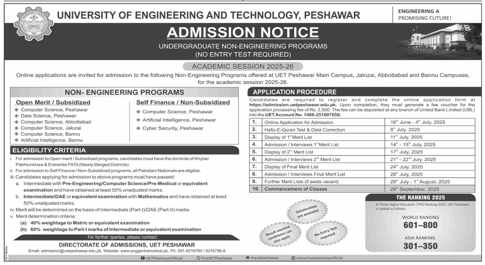 Admission Open in University of Engineering And Technology – University of Engineering and Technology Peshawar Admissions 2025 — original advertisement